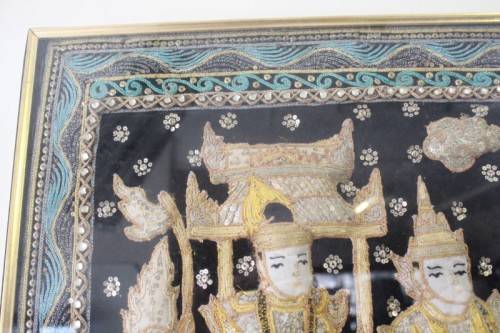 A large  vintage Thai Kalaga tapestry, embroided applique sequined framed picture. Lifespace Sale