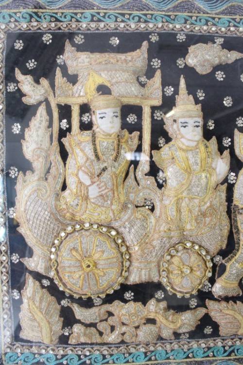 A large  vintage Thai Kalaga tapestry, embroided applique sequined framed picture. Lifespace Sale