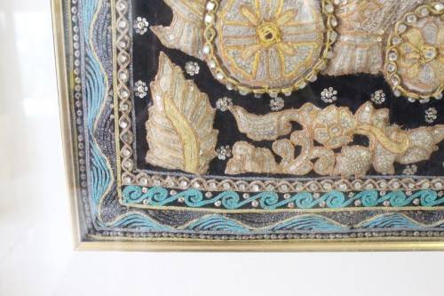 A large  vintage Thai Kalaga tapestry, embroided applique sequined framed picture. Lifespace Sale