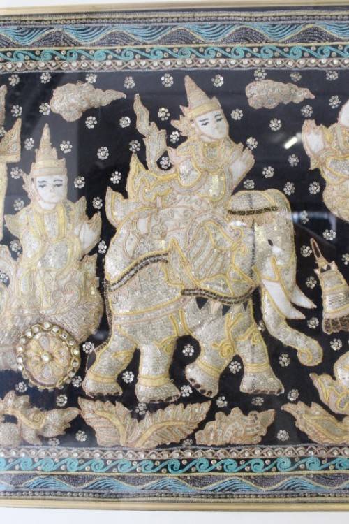 A large  vintage Thai Kalaga tapestry, embroided applique sequined framed picture. Lifespace Sale