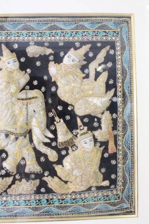A large  vintage Thai Kalaga tapestry, embroided applique sequined framed picture. Lifespace Sale