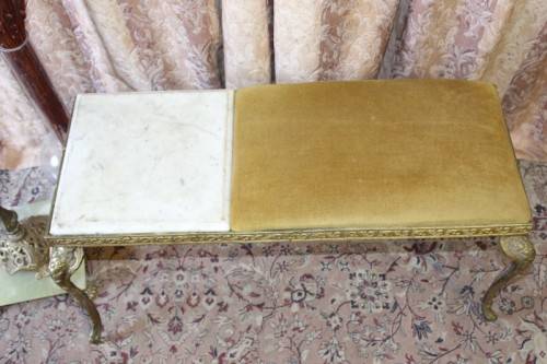 A lovely vintage marble and brass telephone table w/ a cushion, great in informal rooms!