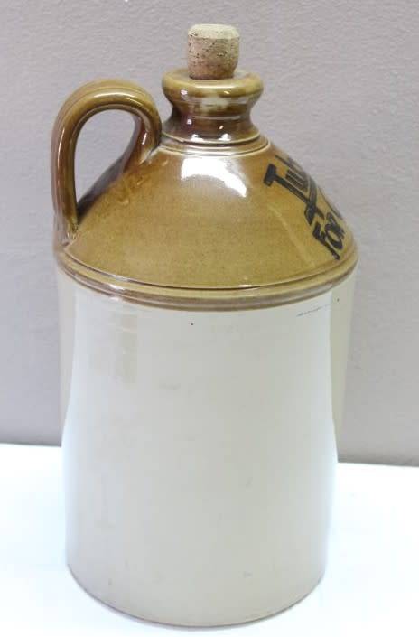 A original vintage 2 tone stoneware handled and corked "Vereeniging" ginger beer jar-Lifespace Sale