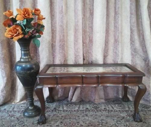 vintage scalloped edge Teak ball and claw coffee table w/ a tapestry under glass-Lifespace Sale