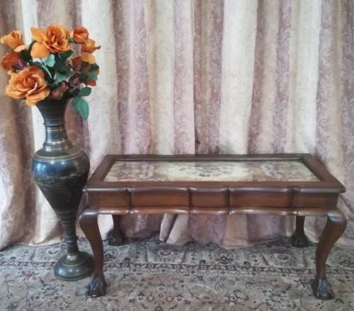 vintage scalloped edge Teak ball and claw coffee table w/ a tapestry under glass-Lifespace Sale