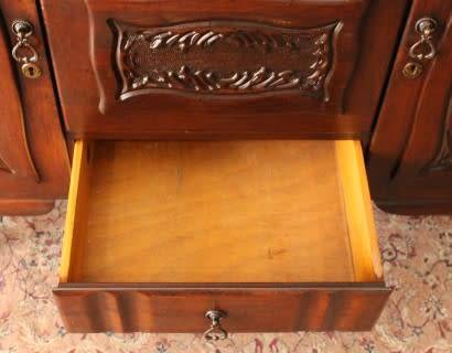 A gorgeous, large vintage Imbuia wood ball & claw buffet/ side server, with carved doors!