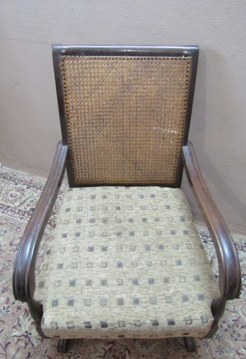 A gorgeous vintage Imbuia rattan backed rocking chair, fantastic in a sun room, patio, porch!!