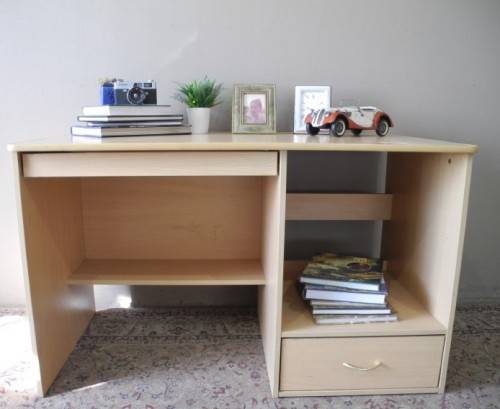 A modern melamine top desk with a pull out keyboard drawer. Lifespace Sale