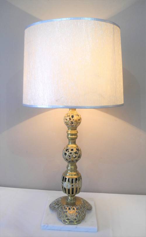 A stunning vintage Brass and marble base table lamp with a silver shade - very stylish.