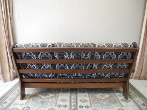 A colourful vintage Imbuia 3 seater couch - perfect in a lounge/patio/lapa.