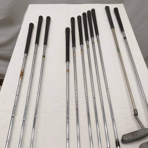 A collection of 11x assorted golf clubs, including irons, woods/ drivers and two putters