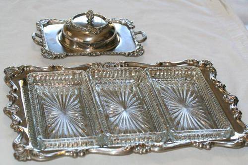 SILVER PLATED SNACK PLATTER AND BUTTER DISH!!! AWESOME...