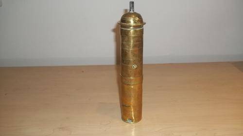A SUPERB AND VERY RARE ANTIQUE SOLID BRASS COFFEE GRINDER OF TURKISH ORIGIN WITH ENGRAVED DETAILING