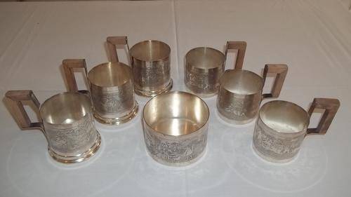 VERY QUAINT ENGRAVED GLASS/CUP HOLDERS WITH WOODEN HANDLES: QUITE PRETTY