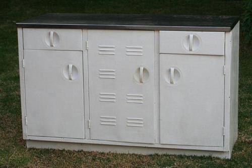 A TOTALLY AWESOME ANTIQUE STEEL KITCHEN CUPBOARD WITH STAINLESS TOP!!! SOMETHING DIFFERENT...