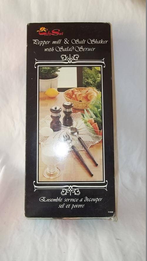 AWESOME BOXED WOODEN PEPPER MILL, SALT SHAKER AND SALAD SERVERS - VERY NICE