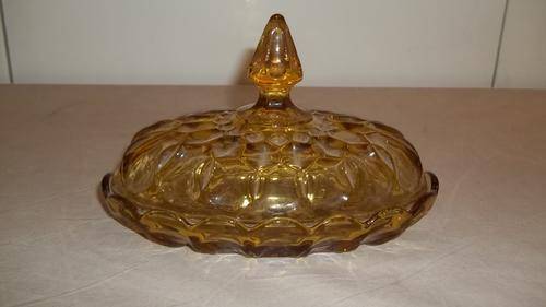 A FANTASTIC VINTAGE (1970's) "RETRO" DEEP YELLOW GLASS LIDDED BUTTER DISH WITH AWESOME DESIGN WORK