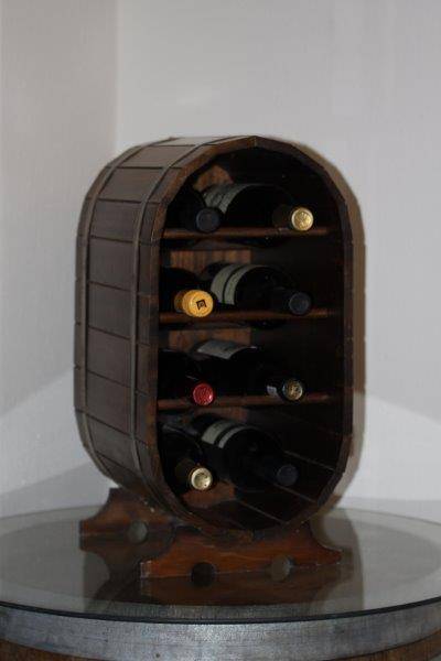 A STUNNING 8-BOTTLE BARREL TYPE WINE RACK MADE FROM BRASS AND OAK WOOD!!! AWESOME...