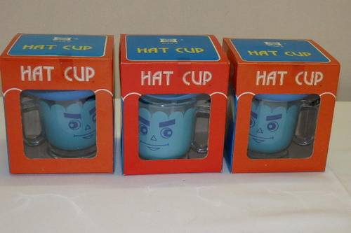 THREE FANTASTIC CHILDREN'S "SIPPING" HAT CUPS WITH FLEXIBLE STRAWS IN THEIR ORIGINAL BOXES