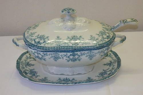 AN AMAZING ANTIQUE (c1885) "NEW WHARF POTTERY" OF ENGLAND IRONSTONE TUREEN AND PLATE AND LADLE