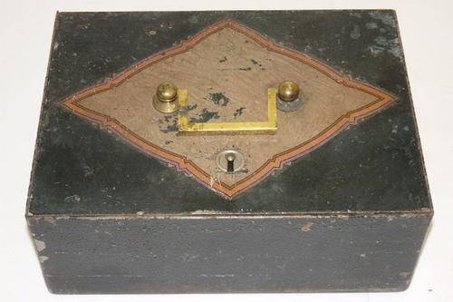 AN AMAZING ANTIQUE (c1900's) "SOLID AND HEAVY" METAL STRONG BOX WITH A BRASS HANDLE