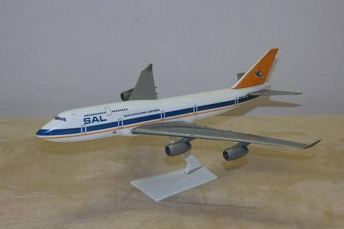 A FANTASTIC VINTAGE "SAA/ SAL" BOEING 747 - 400 "DOUBLE DECKER" AEROPLANE MODEL ON A STAND