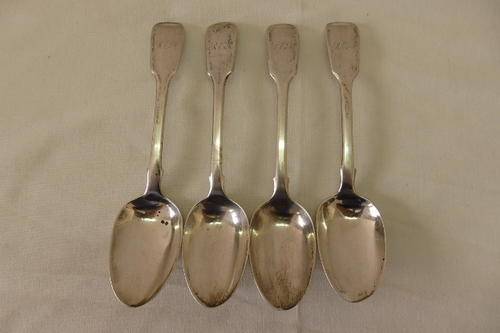 FOUR INCREDIBLE ANTIQUE (1800's) HALLMARKED STERLING SILVER DESSERT SPOONS WITH A PERSONAL INSIGNIA