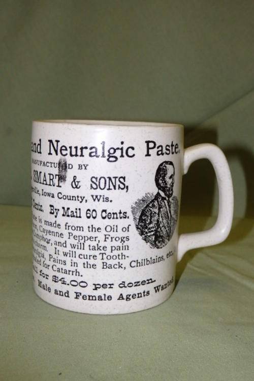 A VERY UNUSUAL CERAMIC WR SMART & SONS "RHEUMATIC AND NEURALGIC PASTE" BRANDED MUG