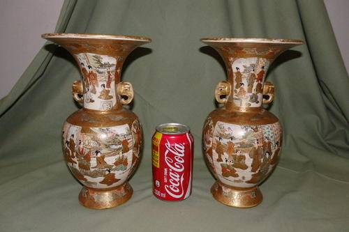 TWO SPECTACULAR RARE ANTIQUE HAND PAINTED JAPANESE SATSUMA VASES WITH ELEPHANT HEAD HANDLES