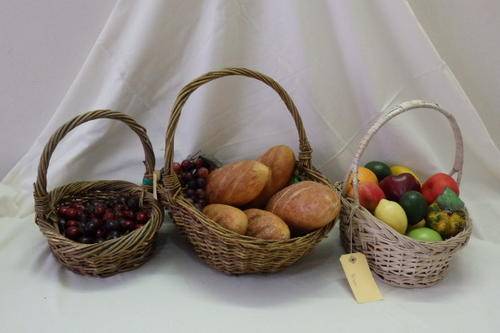 THREE AWESOME "TWINED" WICKER HAND / PICNIC TYPE BASKETS IDEAL FOR DISPLAY OR FOR USE