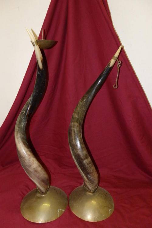 TWO INCREDIBLE TALL KUDU HORN ORNAMENTAL DISPLAY PIECES MOUNTED ON BRASS BASES
