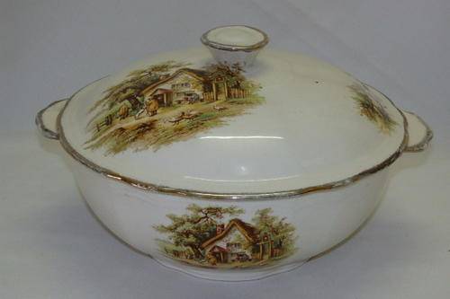 AN EXQUISITE VINTAGE ALFRED MEAKIN OF ENGLAND "ENGLISH COUNTRY SCENE" THEMED LIDDED PORCELAIN TUREEN