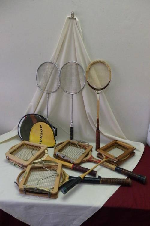 A FANTASTIC COLLECTION OF ASSORTED VINTAGE RACQUETS INCLUDING TENNIS, BADMINTON AND SQUASH RACQUETS