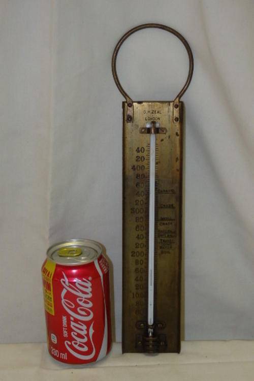 AN INCREDIBLE VINTAGE "G.H. ZEAL OF LONDON" BRASS THERMOMETER IN FAHRENHEIT