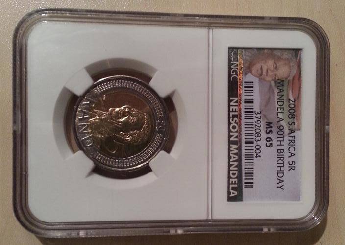 2008 MANDELA BIRTHDAY R5 COIN.***MS65 LIMITED MANDELA LABEL*** NGC GRADED.