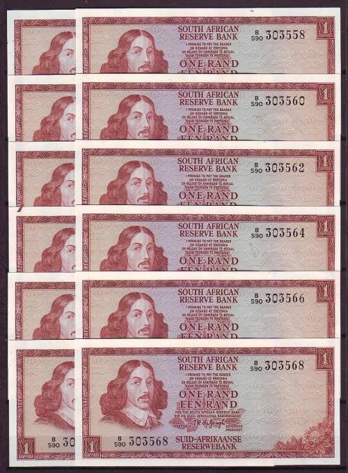 T.W de Jong - 3rd Issue One Rand Notes in Sequence - 20 Notes