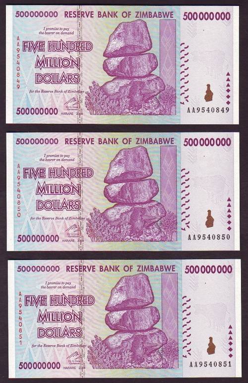 Zimbabwe - 3 by Five Hundred Million Dollars In Sequence ( AA - UNC Notes )