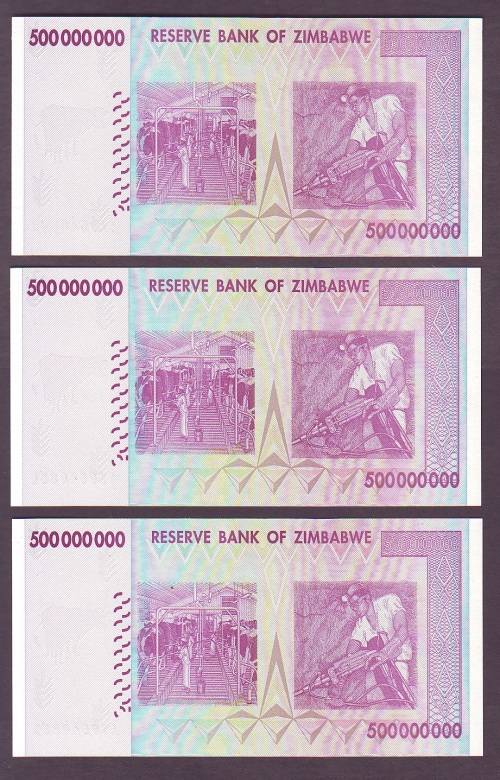 Zimbabwe - 3 by Five Hundred Million Dollars In Sequence ( AA - UNC Notes )