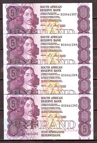 Republic of South Africa - C.L Stals 4 by R5 Notes in Sequence and UNC