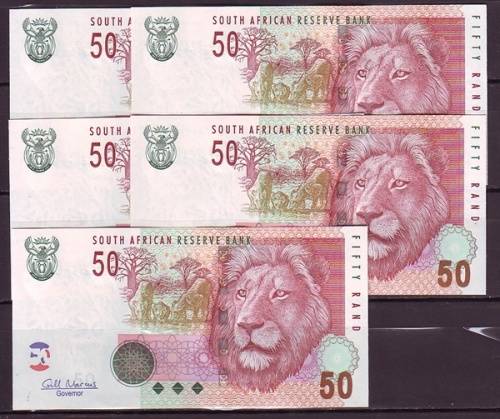 South Africa - Gill Marcus 5 by 50 Rand Notes in Sequence and UNC