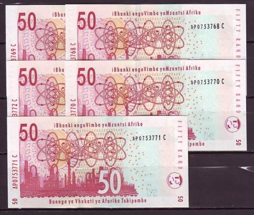 South Africa - Gill Marcus 5 by 50 Rand Notes in Sequence and UNC