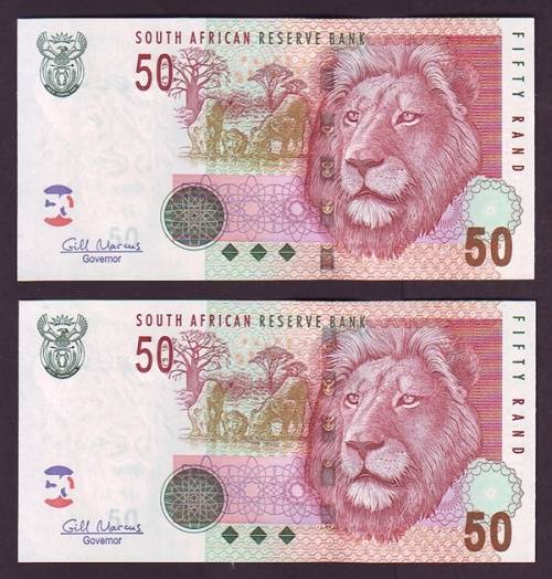 South Africa - Gill Marcus 2 by 50 Rand Notes in Sequence and UNC