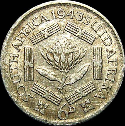 1943 Union of South Africa Sixpence ( 80% Silver ) King George VI