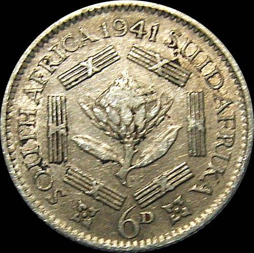 1941 Union of South Africa Sixpence ( 80% Silver ) King George VI