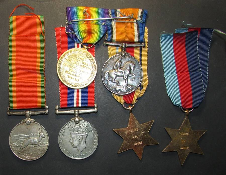 Full Size World War One and Two Medal Group: WW1 PTE.P.M Naude SAMC/WW2 180135 P.M.Naude