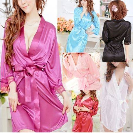 Women's Sexy Satin Open Front Belted Nightgown