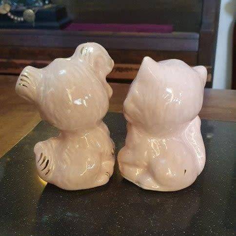 2 x Pink Porcelain Cats One Chipped