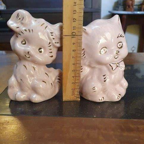 2 x Pink Porcelain Cats One Chipped