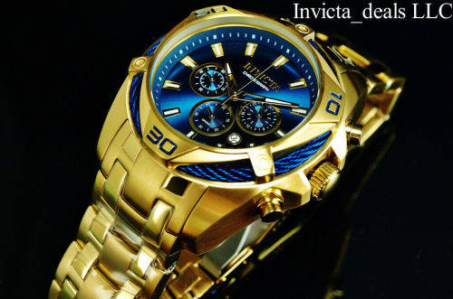 NEW Invicta Men`s 52mm BOLT SCUBA Chronograph BLUE DIAL 18K Gold Plated SS Watch