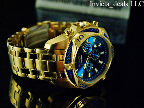 NEW Invicta Men`s 52mm BOLT SCUBA Chronograph BLUE DIAL 18K Gold Plated SS Watch